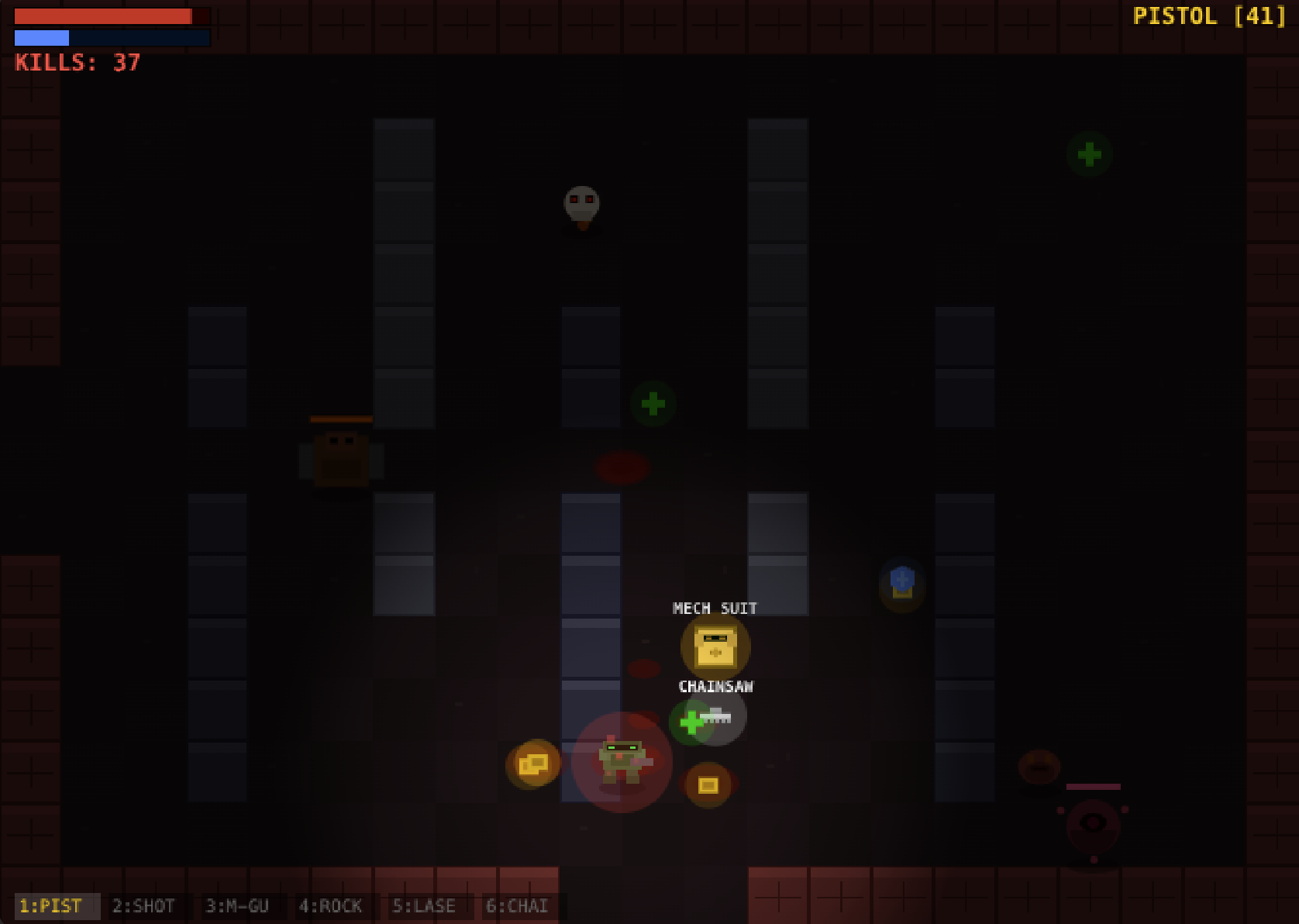 Hell Crawler gameplay showing the player navigating a dungeon room with enemies and projectiles